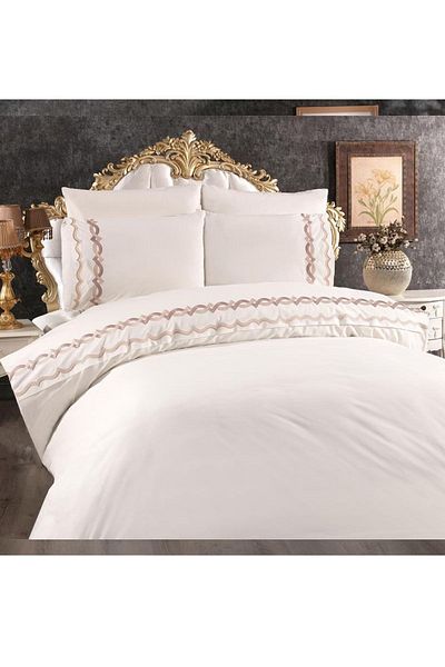 Çeyiz Diyarı Flexi Embroidered 100% Cotton 6 Piece Duvet Cover Set Cream
