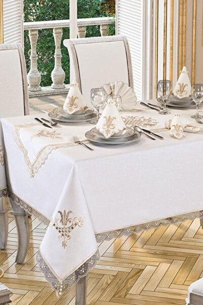 Çeyiz Diyarı Lale Nakışlı Dantelli Dikdörtgen Masa Örtüsü Krem Cappucino