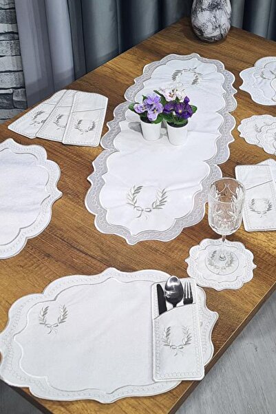 Çeyiz Diyarı Bow Embroidered 19 Piece American Service Set Cream