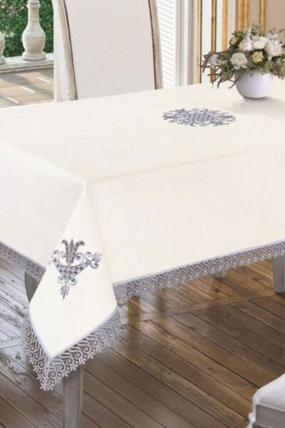 Çeyiz Diyarı مفرش طاولة مزين بتطريز توليب - رمادي كريمي
