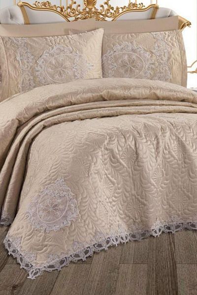 Çeyiz Diyarı French Lace Omara 3 Piece Bedspread Set Cappucino