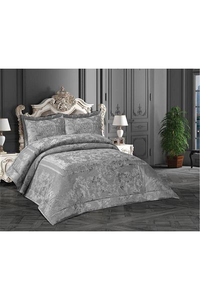 Çeyiz Diyarı Florita Gray Double Bedspread - Jacquard Velvet