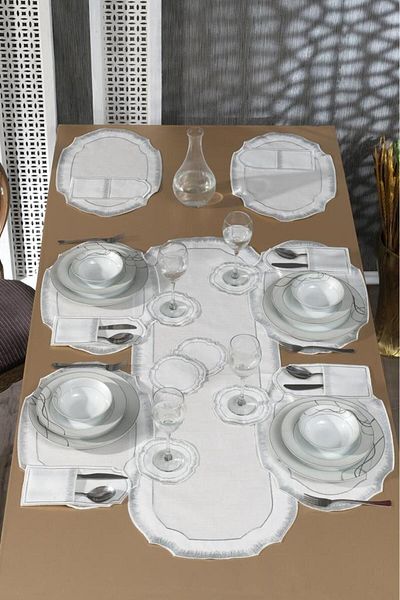 Çeyiz Diyarı Set de servicii americane brodate din in de 19 piese - argintiu