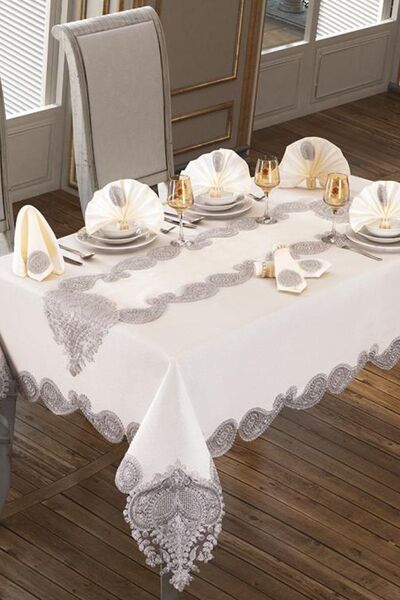 Çeyiz Diyarı Fata de Masa Verna 160x260 Cm 26 Bucati Argintiu Crem