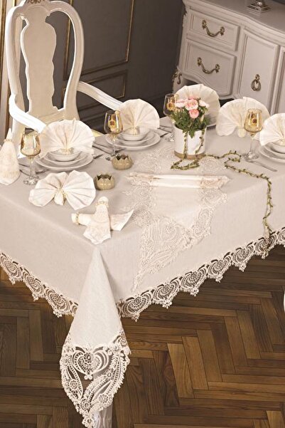 Çeyiz Diyarı Rose Heart Tablecloth 26 Pieces Cream