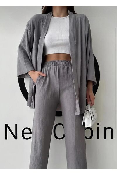 NewCabin Kimono de vară cu lycra afumat și pantaloni cu picioare largi - Set Wrap Crinkle Season Nou