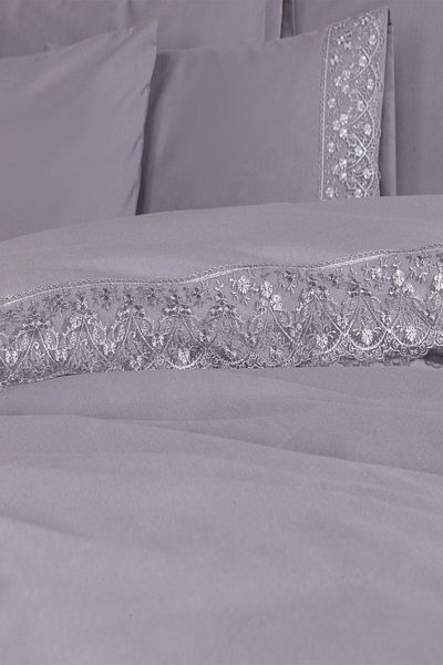 Çeyiz Diyarı Σετ Παπλωματοθήκη Γαλλική Δαντέλα Patya Προίκα Γκρι