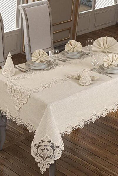 Çeyiz Diyarı Fransız Güpürlü Tek Masa Örtüsü Krem