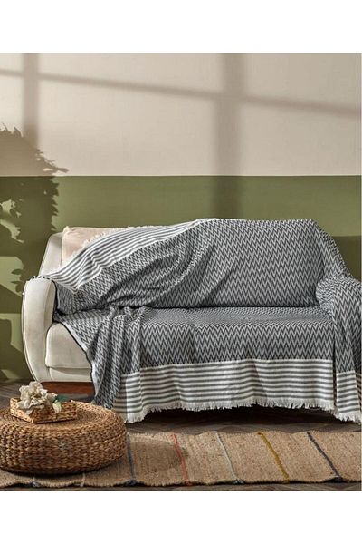Çeyiz Diyarı Çeyizdiyarı 100% Polyester Fringed Sofa Cover Anthracite