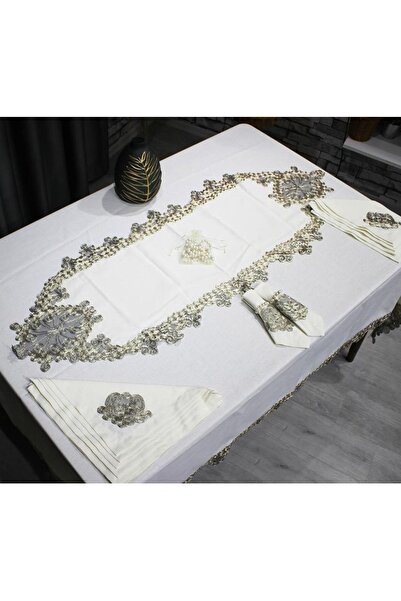 Çeyiz Diyarı Fransız Güpürlü Kelebek Masa Örtüsü Takımı 26 Parça Krem Gold