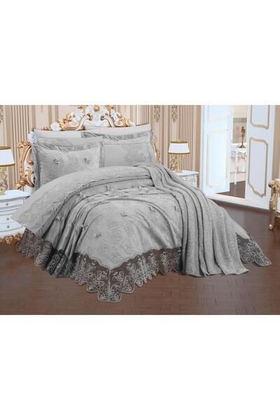 Çeyiz Diyarı طقم زفاف من 10 قطع مطرز بالشنيل باللون الرمادي