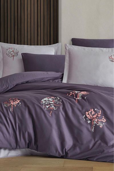 Çeyiz Diyarı Set cuvertură de pilota dublă cu brodat violet - 100% bumbac satin