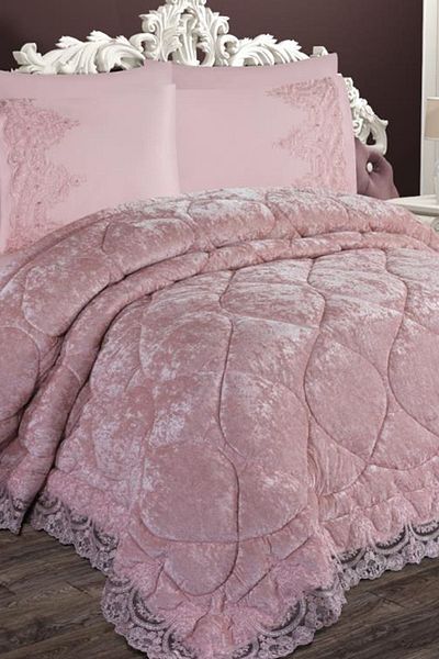 Çeyiz Diyarı Ayzer Embroidered Velvet Quilt Set 6 Pieces Powder