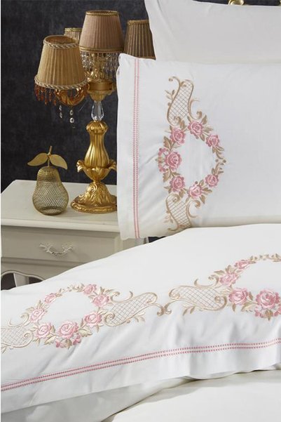 Çeyiz Diyarı Rose Embroidered 100% Cotton 6-Piece Duvet Cover Set Cream