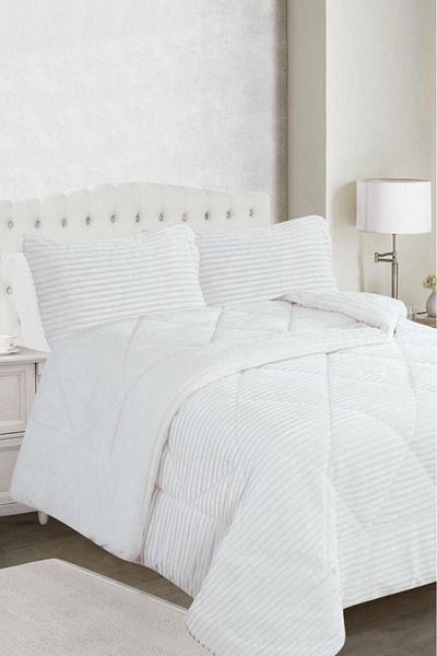 Çeyiz Diyarı Ece Stripe Double Plush Bedspread Cream