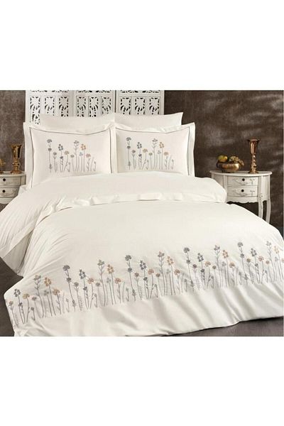 Çeyiz Diyarı Silk Embroidered Double Duvet Cover Set Cream - Gray
