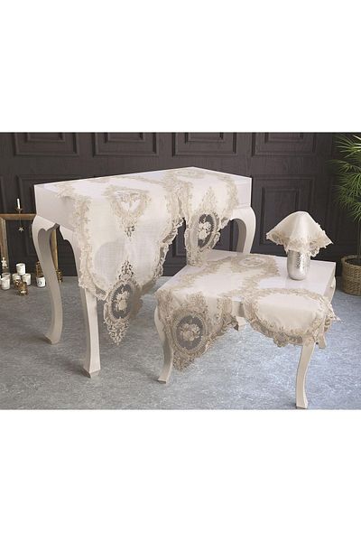 Çeyiz Diyarı Ecru Gold French Laced Living Room Set 5 Pieces