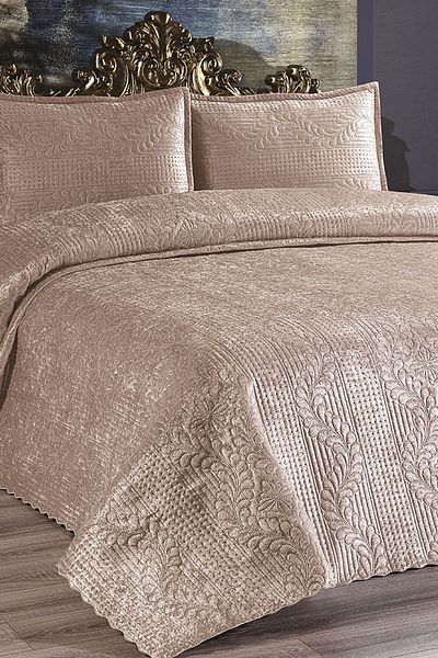 Çeyiz Diyarı Velica Double Velvet Bedspread Cappucino