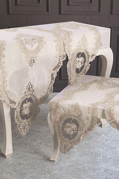 Çeyiz Diyarı Ecru Gold French Laced Living Room Set 5 Pieces