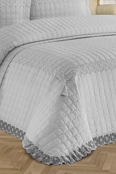 Çeyiz Diyarı Roza Çift Kişilik Kapitoneli Yatak Örtüsü Gri