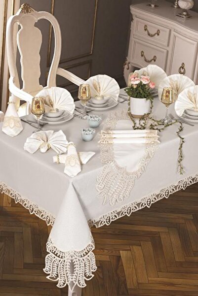 Çeyiz Diyarı مفرش طاولة عنب 26 قطعة كريمي