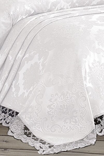 Çeyiz Diyarı Fransız Dantelli Kure 3 Parça Yatak Örtüsü Krem