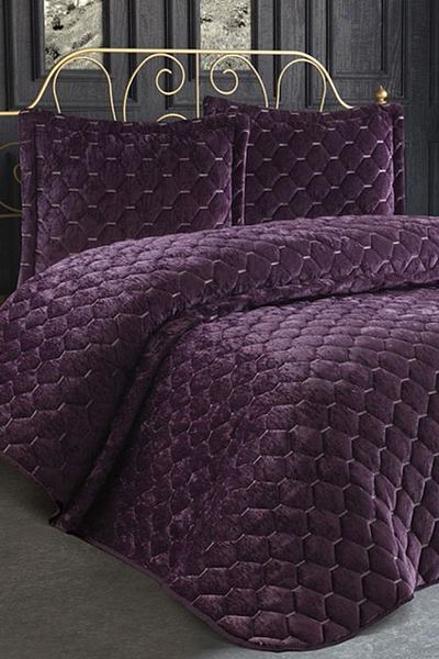 Çeyiz Diyarı Lima Velvet Filled Double Bedspread Plum