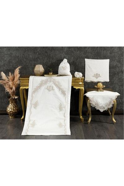 Çeyiz Diyarı Hazan Velvet Prayer Mat Set Cream - Ασημί