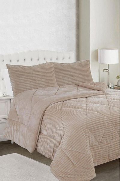 Çeyiz Diyarı Ece Stripe Double Plush Bedspread Beige