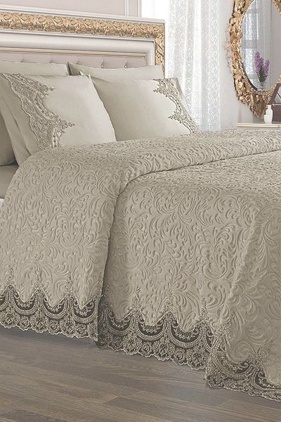 Çeyiz Diyarı Double French Laced Dowry Blanket Set Arus Beige206280