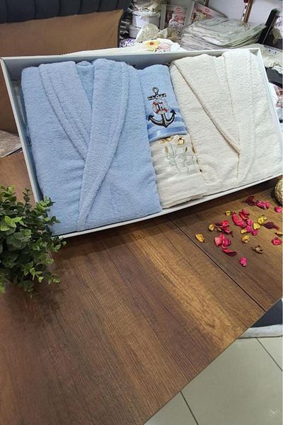 Çeyiz Diyarı Προίκα Οικογενειακό Σετ Μπουρνούζι 4 τεμαχίων Κρεμ Μπλε