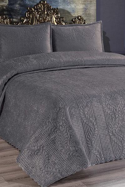Çeyiz Diyarı Velica Double Velvet Bedspread Anthracite