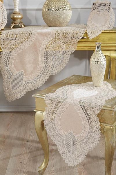 Çeyiz Diyarı French Laced Velvet Rain Living Room Set 5 Pieces Cappucino