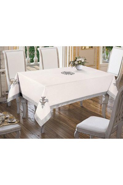 Çeyiz Diyarı Fata de masa Brodata Lalele Gri Crem 160x260cm