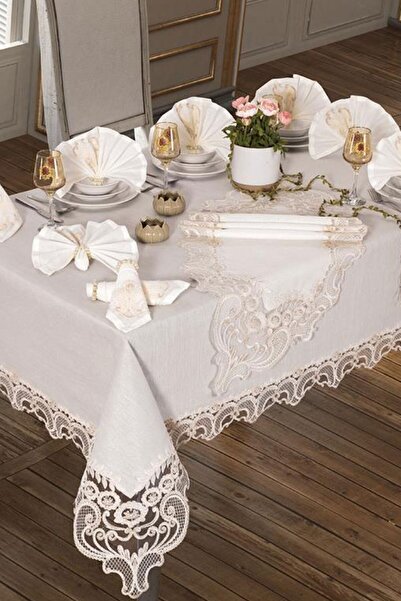Çeyiz Diyarı Fransız Güpürlü Elif Tek Masa Örtüsü Krem