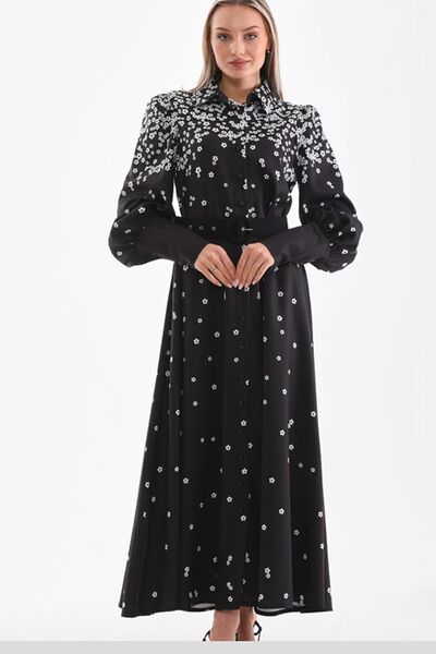 TRENDBUTİKOFFİCİAL قماش أطلس منقوش بالزهور - فستان Uzn بأكمام وحزام