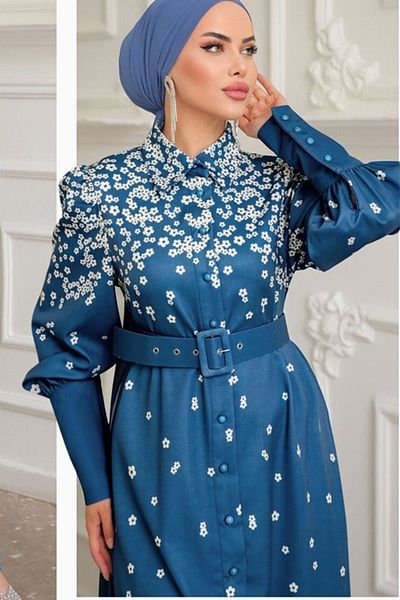TRENDBUTİKOFFİCİAL Tesatura Atlas cu modele florale - Rochie Uzn cu maneci si curea