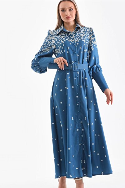 TRENDBUTİKOFFİCİAL Ύφασμα Atlas με λουλουδάτο σχέδιο - Φόρεμα Uzn Sleeve and Belt