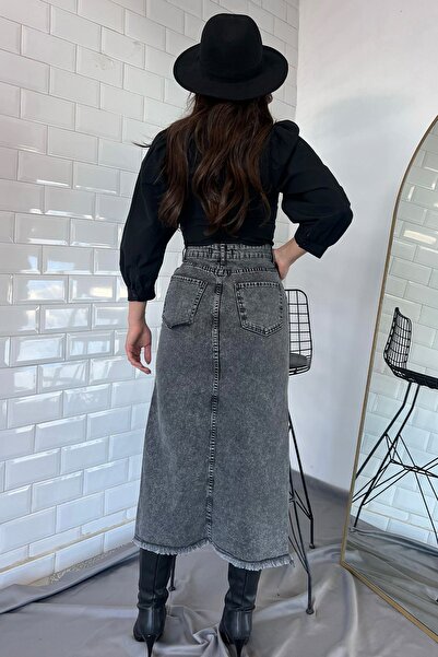 GÜLSELİ Λεπτομερής τζιν φούστα με φούντα από ανθρακί