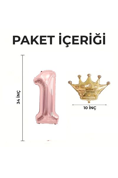 Konsept Sepeti Rose Gold Birthday Set - Foil Headband with Age Balloon and King Crown (Gift)