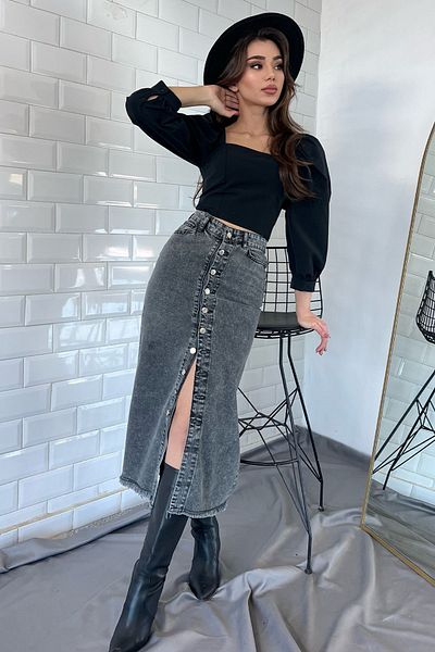 GÜLSELİ Anthracite Tasseled Button Detailed Jean Denim Skirt
