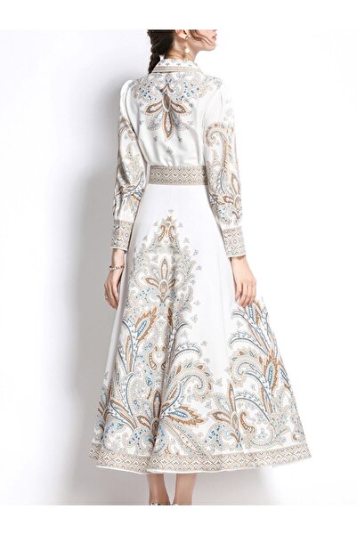 TRENDBUTİKOFFİCİAL Női etnikai mintás pamut ruha hosszú övvel részletesen hosszú ujjú szőtt