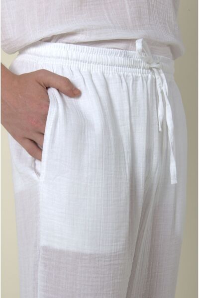 ARİNNASİDE Muslin Men's Lace-Up Long Summer and Casual White Trousers