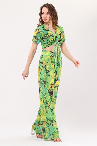 Bolder Nico Neon Green Pattern Beach Trousers Crop Set