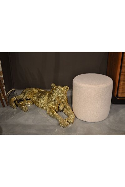 berjeriX Puf Teddy Kumaş Kırık Beyaz Makyaj Pufu Puf Sandalye Ayak Uzatma Pufu