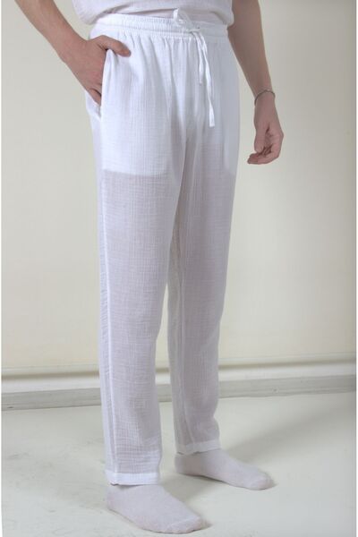 ARİNNASİDE Muslin Men's Lace-Up Long Summer and Casual White Trousers