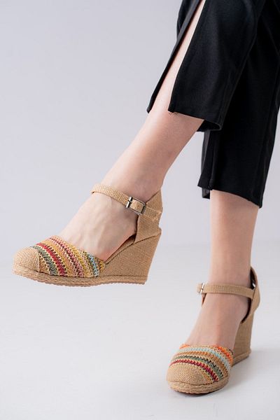 Kartezyen Mustard Multicolored Straw Shoes