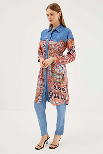 Zühre Desenli Gömlek Yaka  Uzun Tunik T-1441