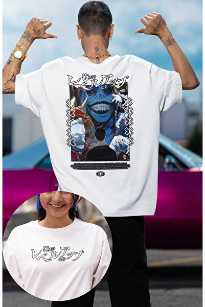 Fuddy Moda Skulptura Anime Sung Jin-woo Unisex Oversize kroj Majica - Leđa Št...