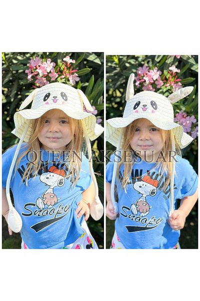 QUEEN AKSESUAR White Children's Hat with Animal Figures - Movable and Straw Pump
